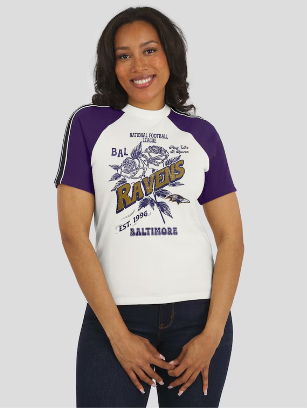 Baltimore Ravens | Distressed Sleeve Stripe Raglan Tee Wear by Erin Andrew